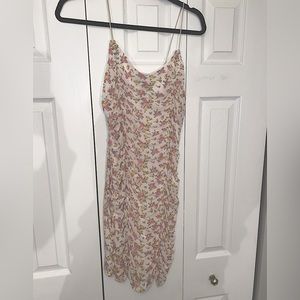 Rushed floral print mini dress with spaghetti straps